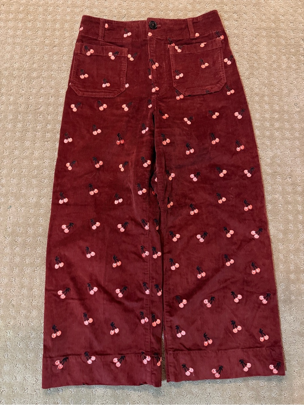 Maeve Colette Crop Wide-Leg Cherry-Embroidered Corduroy Pants - Picture 3 of 6